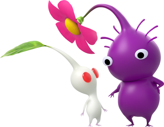 A white pikmin posing with a purple one.