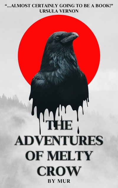 fake book cover with red sun and melting black bird: the adventures of melty crow"