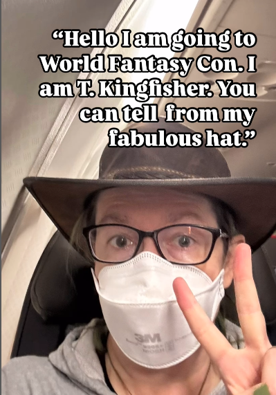 photo of me on a plane with mask and brown hat on, text saying "hello I am going to world fantasy con, I am T Kingfisher, You can tell from my fabulous hat."