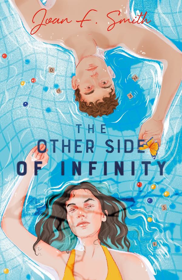 illustrated book cover, blue pool with two teens floating 