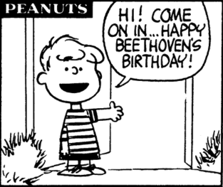 Schroeder from PEANUTS comic welcoming people to his Beethoven party.