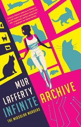 book cover illustration, bright pink, with yellow windows and cat shadows, and a woman walking by