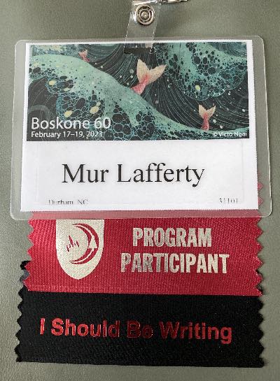 Photo of my Boskone badge with two ribbons