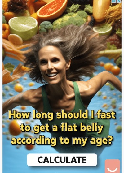 You totally want to click on this ad, don't you? Image of an emaciated white woman with arms that don't really bend correctly, seemingly falling with fruits and vegetables all around her. text: "How long should I fast to get a flat belly according to my age?"