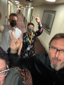 Drunken fools wandering down a hallway, 