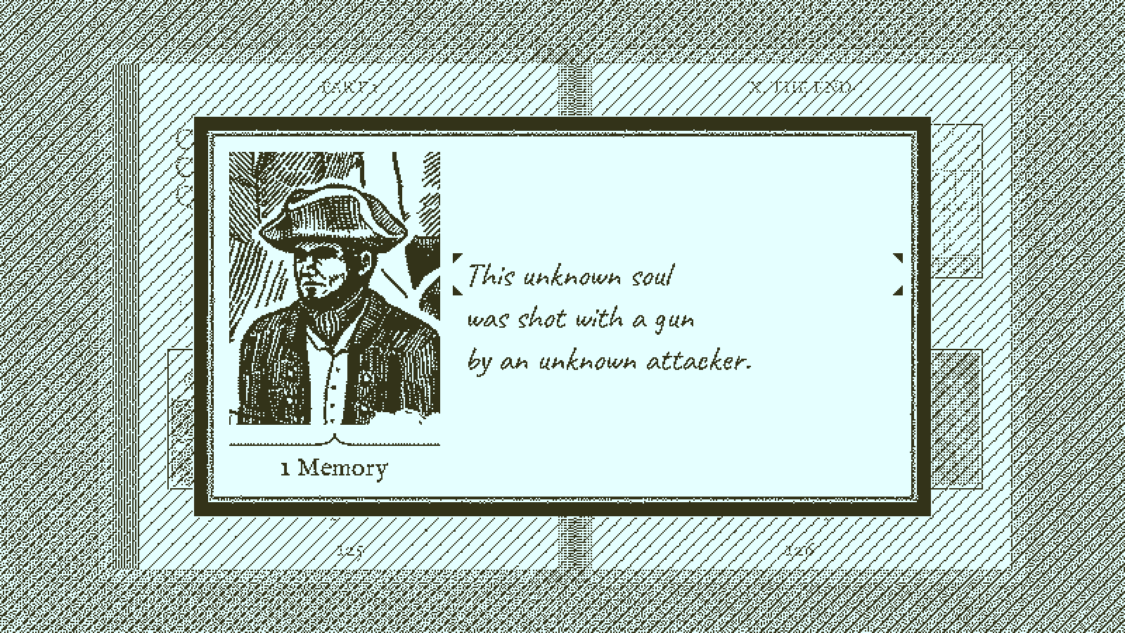 Screen shot of game with an illustration of a white man dressed as a sailor, with the information "This unknown soul was shot with a gun by an unknown attacker"