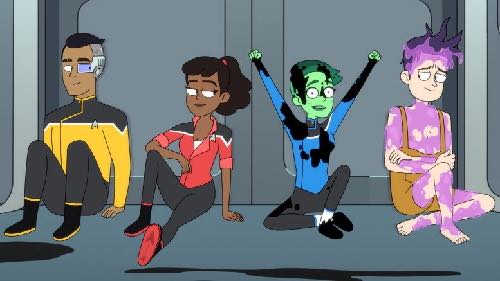 four young starfleet crew sit against a walll, dirty and one covered in purple goo